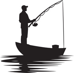 silhouette of a fisherman catching fishing on boat vector art illustration