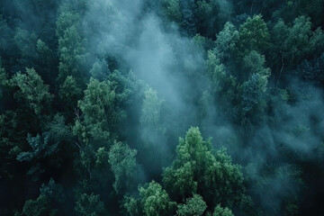 Obraz premium Aerial drone forest survey photograph, top down bird's eye view, woodland trees background, surveying landscape trees