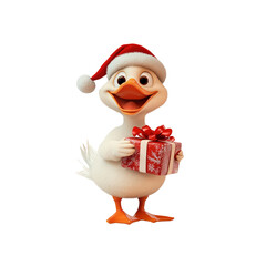 Cute Duck in Santa Hat Holding Christmas Present
