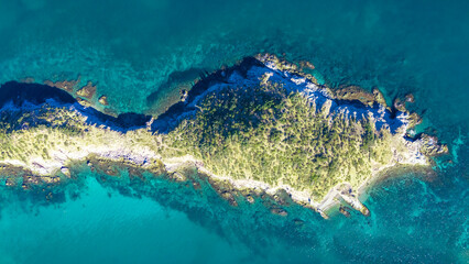 Overhead view of an island full of sahuaros off San Carlos Sonora, Mexico. Its endemic vegetation and rocky surface create an iconic contrast with the sea. 