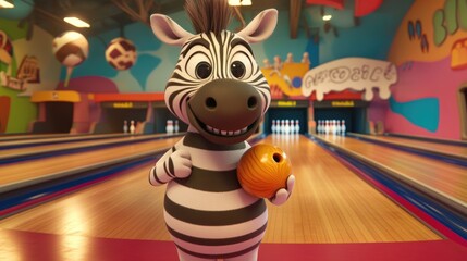 Fototapeta premium Cheerful Cartoon Zebra Enjoying Bowling Fun