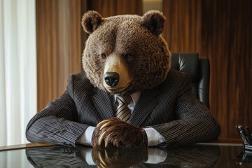 Bear in Pinstripe Suit at Office Desk Portrait