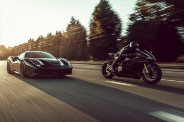 Fototapeta premium Cars and Motorcycles Speeding on a Scenic Road