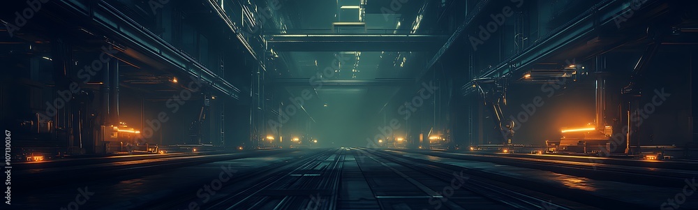 Poster a dimly lit, industrial space featuring glowing lights and shadows, creating a mysterious and futuri