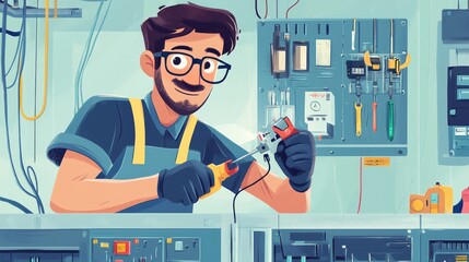 Cartoon Electrician Using Voltage Tester in Workshop