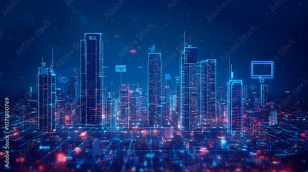 Poster a hyperconnected city or industry driven by 5g networks, with high-speed, low-latency connections en