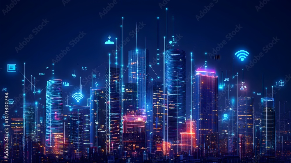 Poster a hyperconnected city or industry driven by 5g networks, with high-speed, low-latency connections en