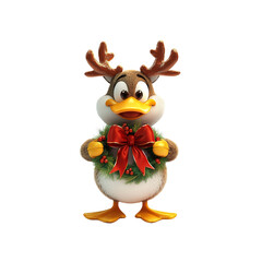 Obraz premium Festive Duck with Reindeer Antlers Holding a Christmas Wreath