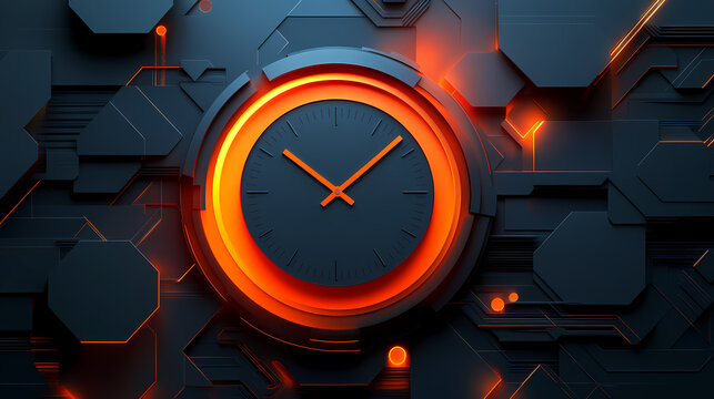 A futuristic clock face with glowing orange edges set against a dark, abstract background of geometric shapes.