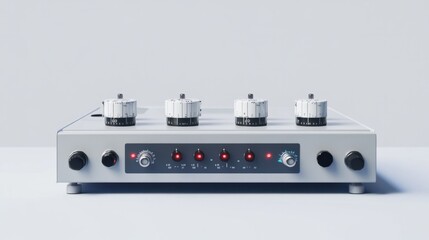 Fototapeta premium Digital power supply unit with adjustable knobs, isolated on a plain white background for lab settings