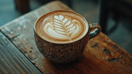 A Cup of Latte Art on a Rustic Wooden Table