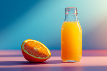 A refreshing bottle of tangerine juice sits beside a halved orange on a smooth gradient background, evoking a vibrant summer feel and healthy lifestyle choice.