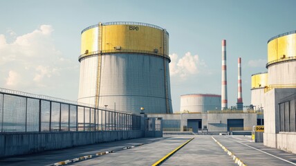 Obraz premium An industrial landscape showcasing large cooling towers and smokestacks under a clear blue sky, emphasizing an energy production facility.