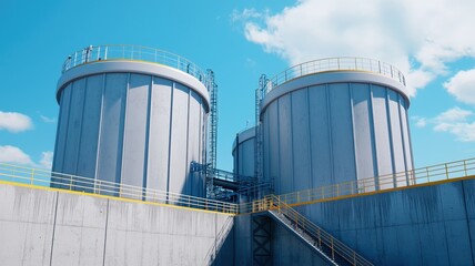 Fototapeta premium The image features large cylindrical storage tanks set against a bright blue sky, highlighting industrial architecture and engineering.
