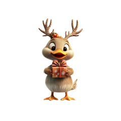 Naklejka premium Cute Cartoon Duckling with Reindeer Antlers Holding a Gift Box