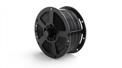 Electric cable reel with a black cord, isolated on a clean white background, ideal for extension needs