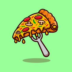 pizza slice with fork cartoon illustration