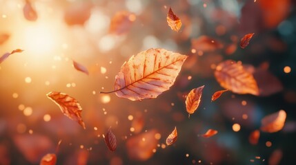 Autumn Leaves Floating in Sunlit Breeze Capturing the Essence of Fall with Warm Golden Tones and Soft Focus