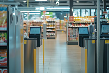 Security checkpoint with scanner at supermarket entrance