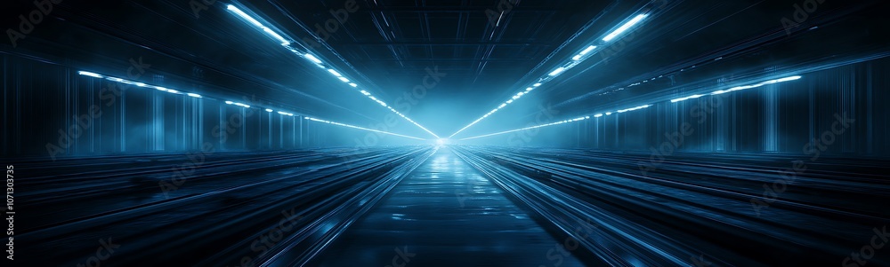 Poster a futuristic scene with vibrant blue lights creating an expansive, symmetrical perspective in a dark