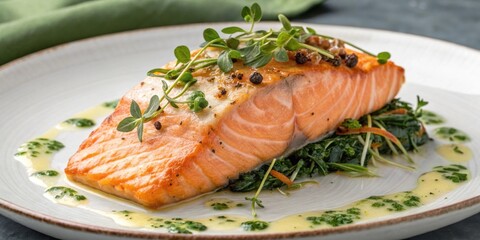 Salmon Garnish A closeup of a beautifully plated piece of salmon garnished with fresh herbs revealing its juicy succulent and the healthy fats that contribute to its richness.