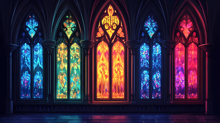 Fototapeta premium Dark cathedral with stained glasses. Gothic. Illustration
