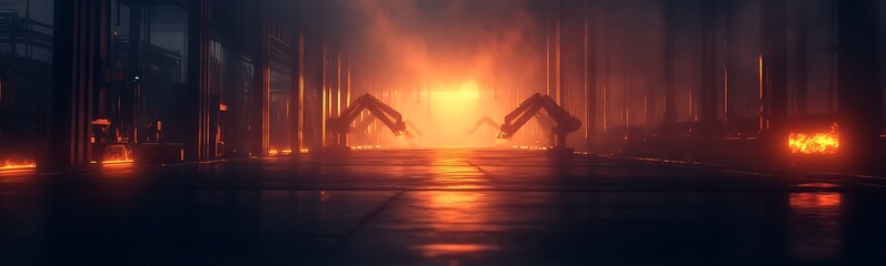 A futuristic landscape features glowing flames and robotic arms, creating a dramatic, sci-fi atmosphere filled with tension and energy.