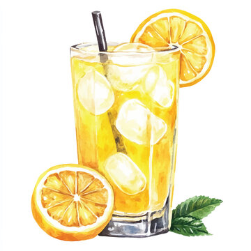 watercolor lemonade drink with ice and lemon clip art preview