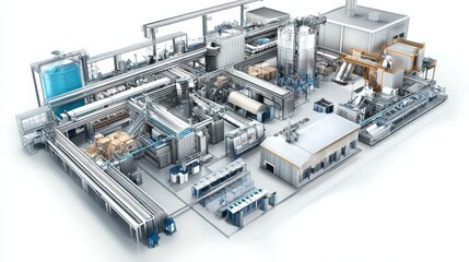 Fototapeta premium Industrial Production Line: An intricate aerial view of a bustling factory, showcasing a complex network of conveyors, machinery, and workers.