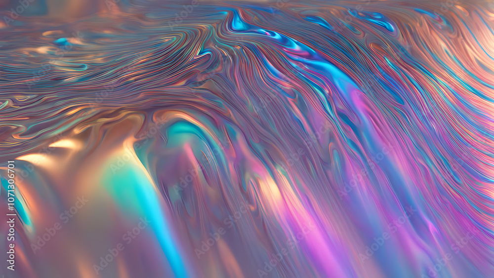 Sticker a shimmering holographic liquid cascade falling over a metallic surface creating a colorful ripple, 