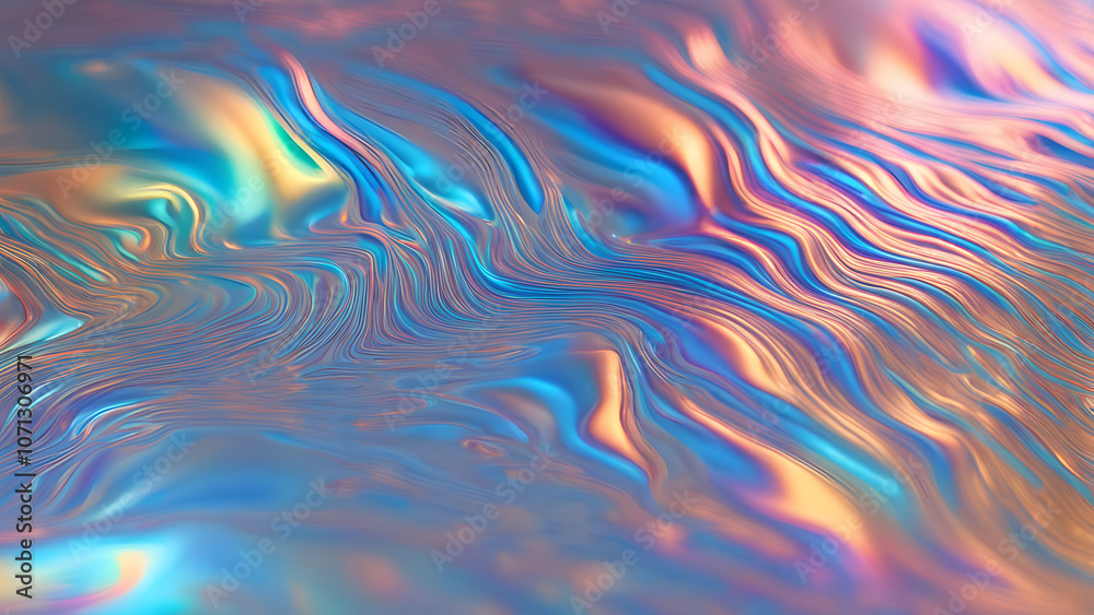 Sticker a shimmering holographic liquid cascade falling over a metallic surface creating a colorful ripple, 