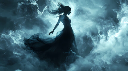 Obraz premium Digital art of a woman in dark dress emerging from smoke. horror and halloween concept. Gothic. Illustration