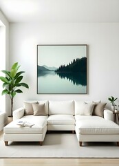 A minimalist living room with a large abstract landscape painting on the wall, a white sectional sofa, and a potted plant.