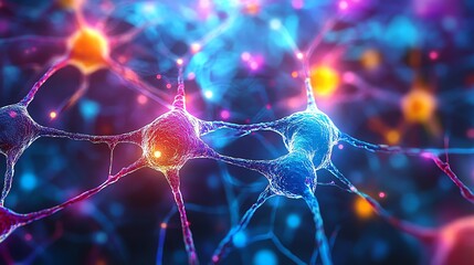 A colorful digital illustration of neurons connected together in a network.