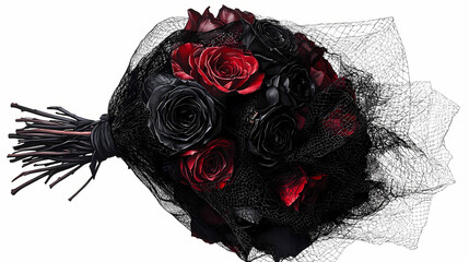 Elegant bouquet of black and red roses with intricate netting, perfect for gothic themed events or unique wedding decor. Gothic. Illustration