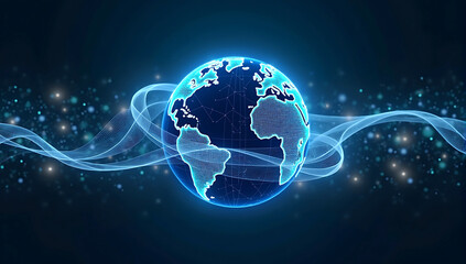 Obraz premium A digital globe with fiber optic cables wrapped around, representing fast connectivity, data transmission, and global networking