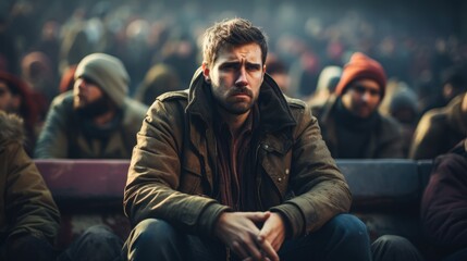 Obraz premium A solemn man in a rugged coat sits among a crowd, reflecting a mood of introspection or adversity, This image evokes themes of resilience and can be used in articles focusing on human experiences
