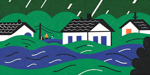 Naklejka premium Flooded Village During Heavy Rainstorm with Houses and Rising Water