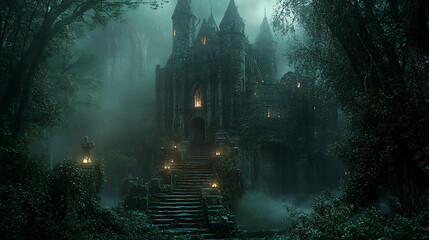 Obraz premium 8. A view of a dark, looming castle deep in the forest, with dim lanterns casting a warm glow on the ancient stone walls 