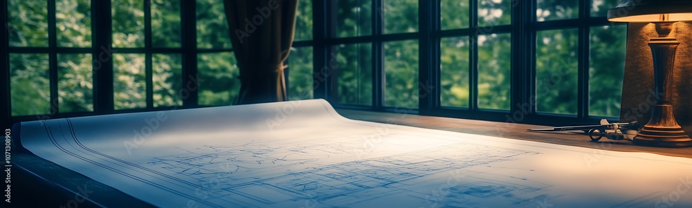 Poster a serene study space with a detailed map illuminated by a warm lamp, framed by large windows showcas
