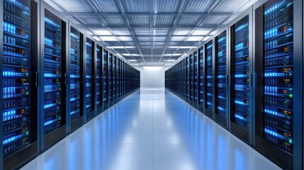 Fototapeta premium Rows of powerful servers in a modern data center, the backbone of network infrastructure and cloud computing