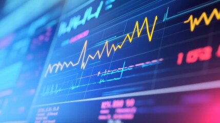 Close-up digital screen showing line graph with upward and downward trends, symbolizing cancer research progress and setbacks, medical charts and scientific symbols in background.