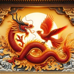Fototapeta premium Vermilion Bird and Dragon Harmony