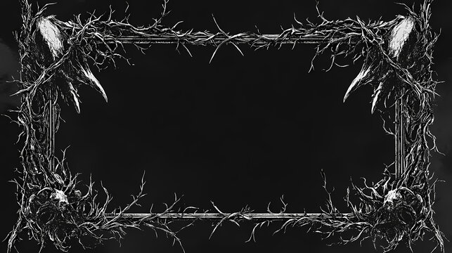 Frame with gothic border - black, rectangular border design for sized documents, featuring intricate gothic lines and thorns that brush against the frame's edge. Gothic. Illustration
