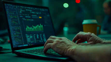 Data Analysis on Laptop in Dimly Lit Environment