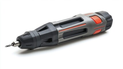 Portable electric screwdriver with multiple bits, isolated on a white background for DIY themes
