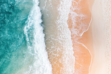 Fototapeta premium Drone photograph of tropical sea sand beach, Aerial shot shoreline coastline photographs, turquoise water white sands, bird's eye view survey