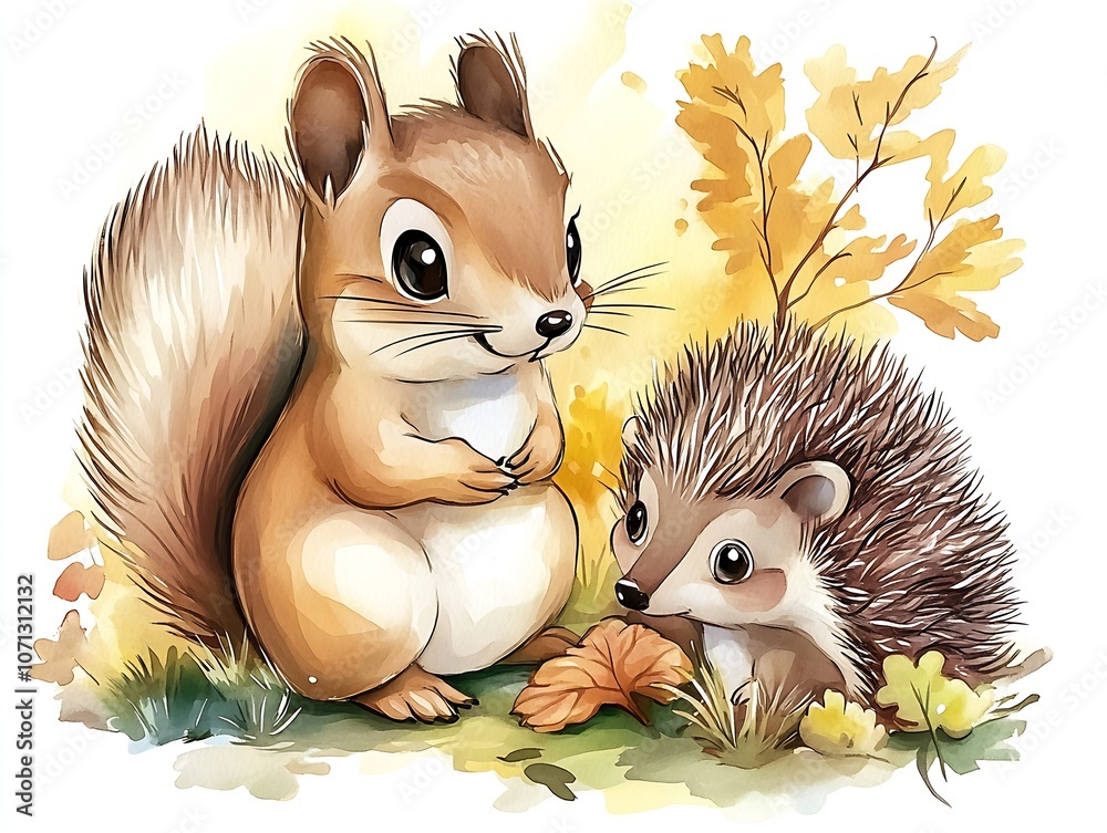 Poster adorable squirrel and hedgehog in autumn forest with leaves : generative ai
