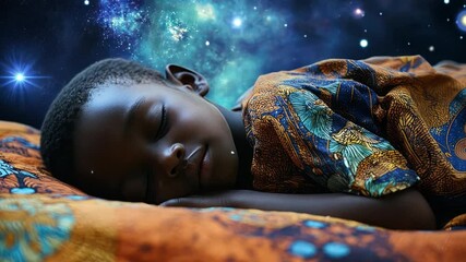 African boy sleeping in bed with colorful patterned blanket