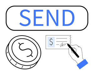 Coin symbol beside a signing hand with a check and large SEND button illustrating different aspects of financial transfers and payments. Ideal for banking, finance apps, online payments